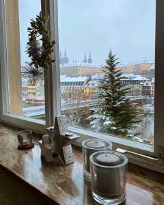 班贝格Ferienwohnung Dom- u. Regnitzblick的享有白雪 ⁇ 的城市景致的窗户