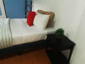 曼努埃尔安东尼奥Hotel Cafe Del Mar, En Valle Pura Vida的一张带两张枕头的床和一张桌子