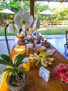 瓦尔任博尼塔POUSADA JURERE DA CANASTRA的一张桌子,上面有食物和水果,上面有花