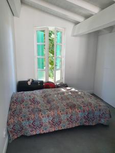 拉弗洛特Appartement le Pas Sage du Marché La Flotte的一间卧室设有一张床和一个窗口