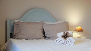 圣托·蒂尔索Casa das Flores的一张带蓝色床头板和枕头的白色床