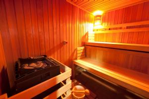 马里博尔Hotel Bajt Maribor的中间设有烧烤的桑拿浴室