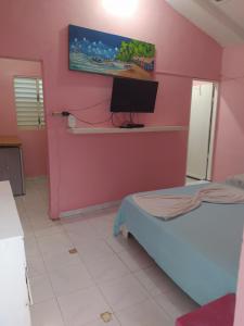 巴亚希贝Hotel Tipico Maura的一间设有床铺和粉红色墙壁上电视的房间