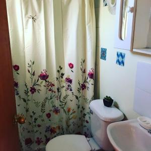 阿尔加罗沃Cabañas Santa Teresita的浴室设有卫生间和鲜花淋浴帘