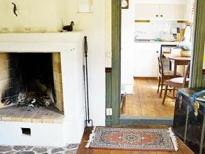 Hult4 person holiday home in ANKARSRUM的客厅设有壁炉,铺着地毯