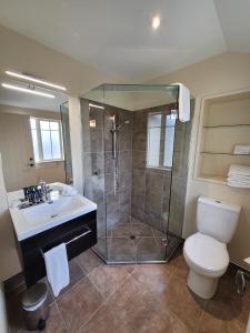 特卡波湖芒特拉特卡波湖酒店的带淋浴、卫生间和盥洗盆的浴室