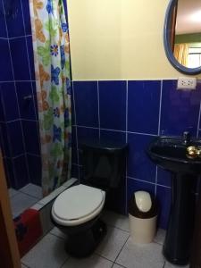 瓦拉斯Artesonraju Hostel Huaraz的蓝色瓷砖浴室设有卫生间和水槽