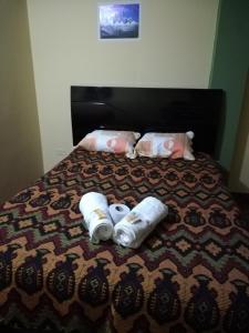 瓦拉斯Artesonraju Hostel Huaraz的床上有两条可移动的毛巾