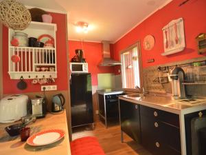胡法利兹Chalet in a green and peaceful environment的厨房设有红色的墙壁和黑色的冰箱。