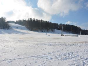 Kyjovhome with well kept fenced in rice on the shore的雪覆盖的滑雪坡,滑雪升降机上的人