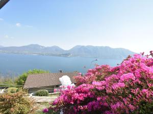 吉法Belvilla by OYO Capriccio的享有水体和粉红色花卉的景色