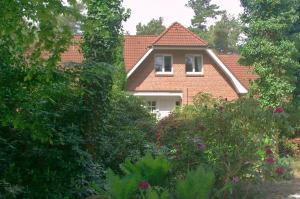 比斯平根Ferienwohnung Kiefernblick-Wedemann的穿过树林和灌木丛看到的房子