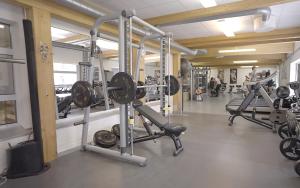TingsrydHotel Tingsryd的健身房,有几排跑步机和机器