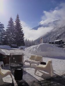 格雷索拉特里尼泰诺尔登德酒店的一组椅子坐在雪中