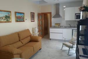 塞维利亚Apartamento clásico, cerca a Jardines de Murillo的带沙发的客厅和厨房