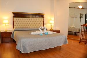 阿尔巴塞特卡迪纳尔酒店的卧室配有一张睡床,两只天鹅