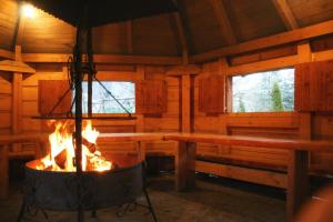 Białka TatrzanskaDW Pod Jaworami - relaks w SPA - jacuzzi, sauna na wyłączność的小木屋内的壁炉,设有2扇窗户