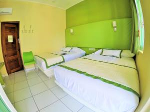 埃斯孔迪多港Casa Mia的酒店客房设有两张床和绿色的墙壁。