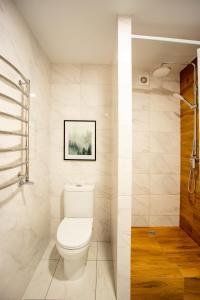 尼古拉耶夫Luxury Apartment with 2 bedrooms in the city center的白色的浴室设有卫生间和淋浴。