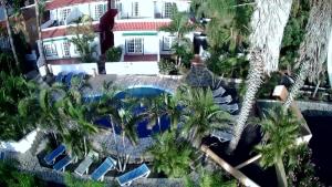 Los QuemadosApartamentos colon y bungalows的享有度假村的空中景致,设有游泳池和棕榈树
