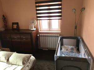 斯克拉斯卡波伦巴Gór-SKI Apartament的一间卧室配有婴儿床和窗户。