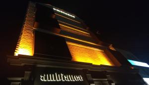 拉合尔Ambiance Boutique Art Hotel Lahore的建筑的侧面有黄色的灯光
