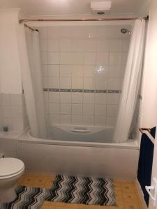 沃金Oaklawn serviced apartments的带浴缸和卫生间的浴室。
