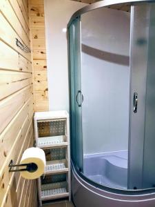 博格泽利卡Domki Letniskowe MAJA的浴室里设有玻璃门淋浴