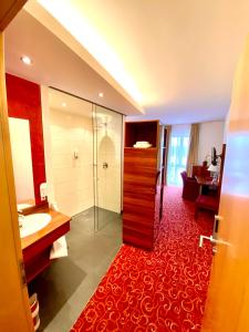 伦廷Hotel Günter的带淋浴、盥洗盆和镜子的浴室