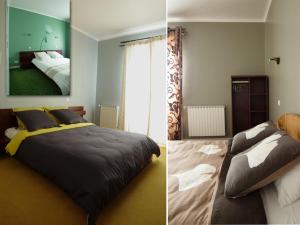 普勒比扬Les Chambres du Sillon的卧室两张照片,配有一张床和一个窗户