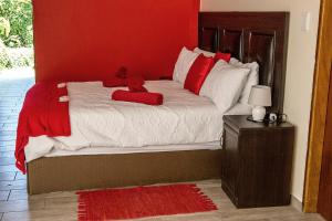 鲸湾港Stay Cleverly Self Catering Apartments的一张带两个红色枕头和红色墙壁的床
