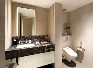 新加坡Pan Pacific Serviced Suites Orchard, Singapore的一间带水槽、卫生间和镜子的浴室