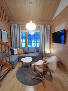 萨利色尔卡Gold Legend Paukkula #1 - Saariselkä Apartments的客厅配有蓝色的沙发和电视