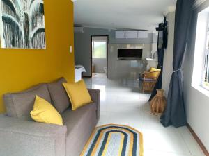 埃祖尔韦尼Damicha Boutique Lodge的带沙发和黄色墙壁的客厅