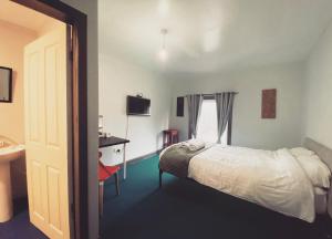 布莱克本Kings Hotel Blackburn的一间卧室配有床、水槽和窗户