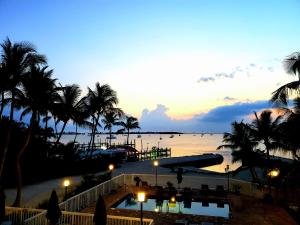 基拉戈凯拉戈湾畔旅馆的棕榈树海滩上的日落和游泳池