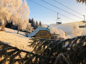 什平德莱鲁夫姆林Penzion Alenka的雪 ⁇ 山的滑雪小屋,设有滑雪缆车