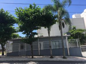 巴拉奈里奥-坎布里乌CASA PRAIA A 600m DO MAR的两棵棕榈树,在一座建筑前