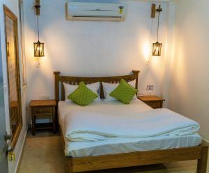 阿格拉胡子阿格拉旅舍的一间卧室配有一张带绿色枕头的床