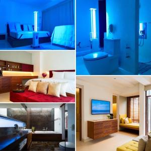 华欣华欣阿尔弗里斯科露天海景度假酒店的酒店房间三张照片的拼贴画