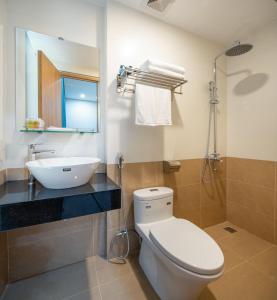 岘港ST Motel & Apartment的一间带水槽、卫生间和镜子的浴室
