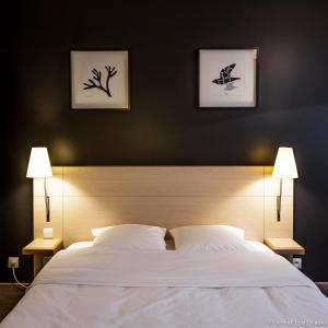布鲁塞尔航空酒店的一间卧室配有一张带两盏灯的大型白色床。
