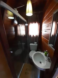 坎波斯杜若尔当Villa Valentina chalés com lareira e churrasqueira的浴室配有水槽、卫生间和灯具。