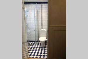 皮耶塔尔萨里Captain’s Cabin Jakobstad Pietarsaari center的浴室铺有黑白色瓷砖地板,设有卫生间。