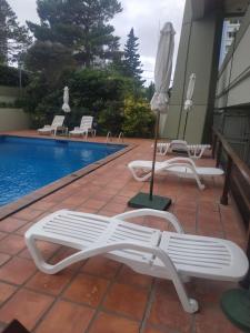 埃斯特角城Apartamento Marina de roosvelt con piscina climatizada的游泳池畔的2把躺椅和遮阳伞