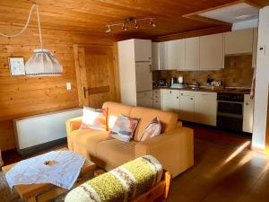 萨沃宁Chalet Wulli in der Nähe der Skianlagen Savognin的带沙发的客厅和厨房