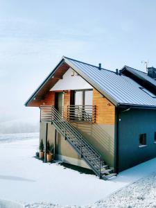 KrośnicaApartament Bukowinka的雪中带楼梯的房子