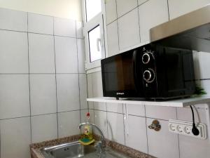 蓬塔杜帕戈Studio with sea view furnished garden and wifi at Ponta do Pargo的厨房配有微波炉,位于水槽上方