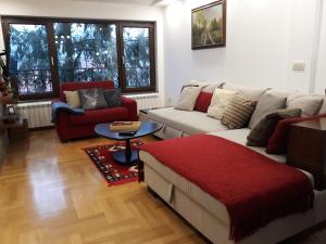 兹拉蒂博尔Apartment de La Falaise-Aпартмaн де Лa Фалез的带沙发和红色椅子的客厅