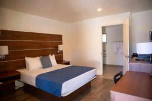 圣克拉拉斯特灵汽车旅馆的一间卧室配有一张床、一张书桌和一台电视